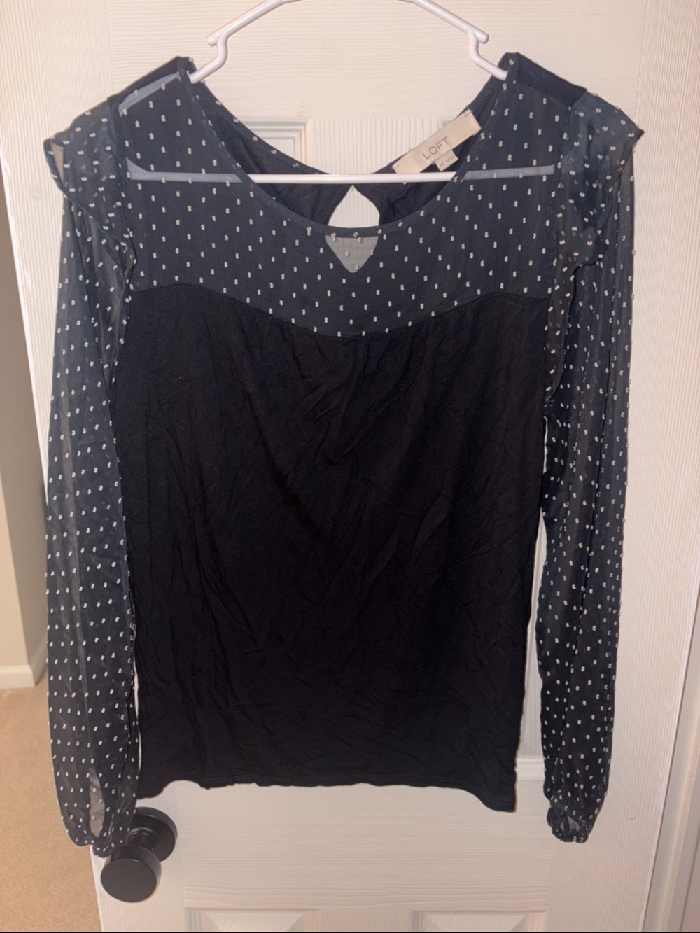 LOFT Black Sheer Polka Dot Long-Sleeve Blouse